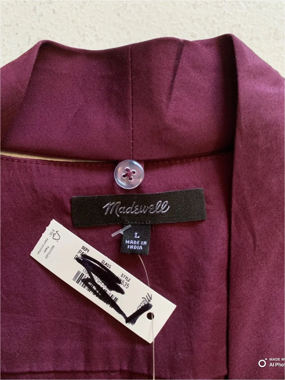 Madewell Large V-Neck Button Front Top With Neck Tie in Dark Pomegranate NWT